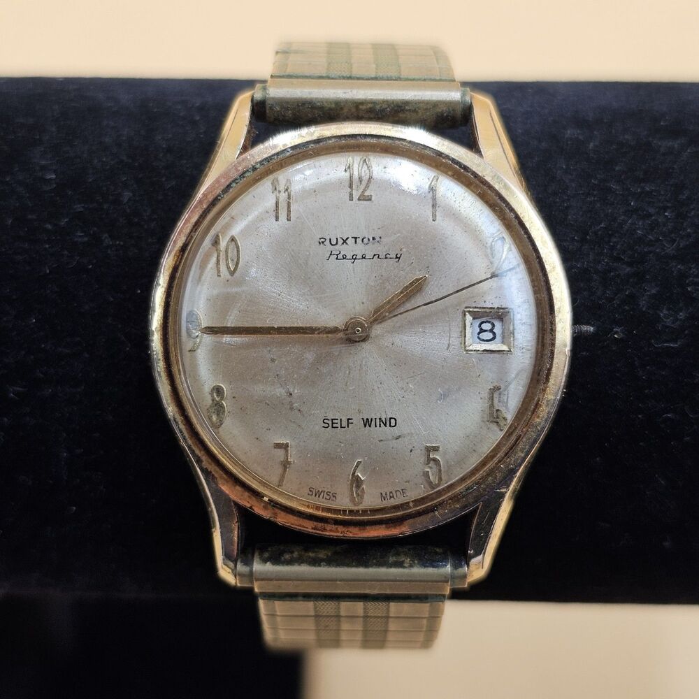 Vintage Ruxton Regency Men's Swiss Made Self Wind Gold Tone Date Watch 654A